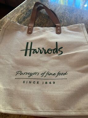 Harrods Natural Canvas Tote with Green Logo and Brown Handles